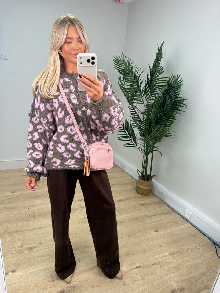 Amelia Leopard Cardigan - Mocha & Pink