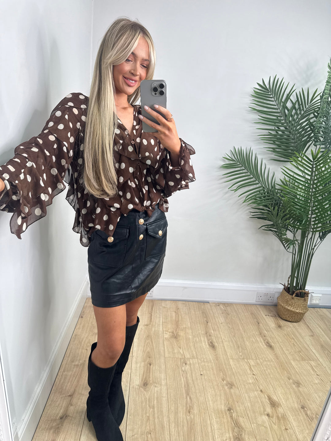 Peony Polka Dot Shirt - Chocolate