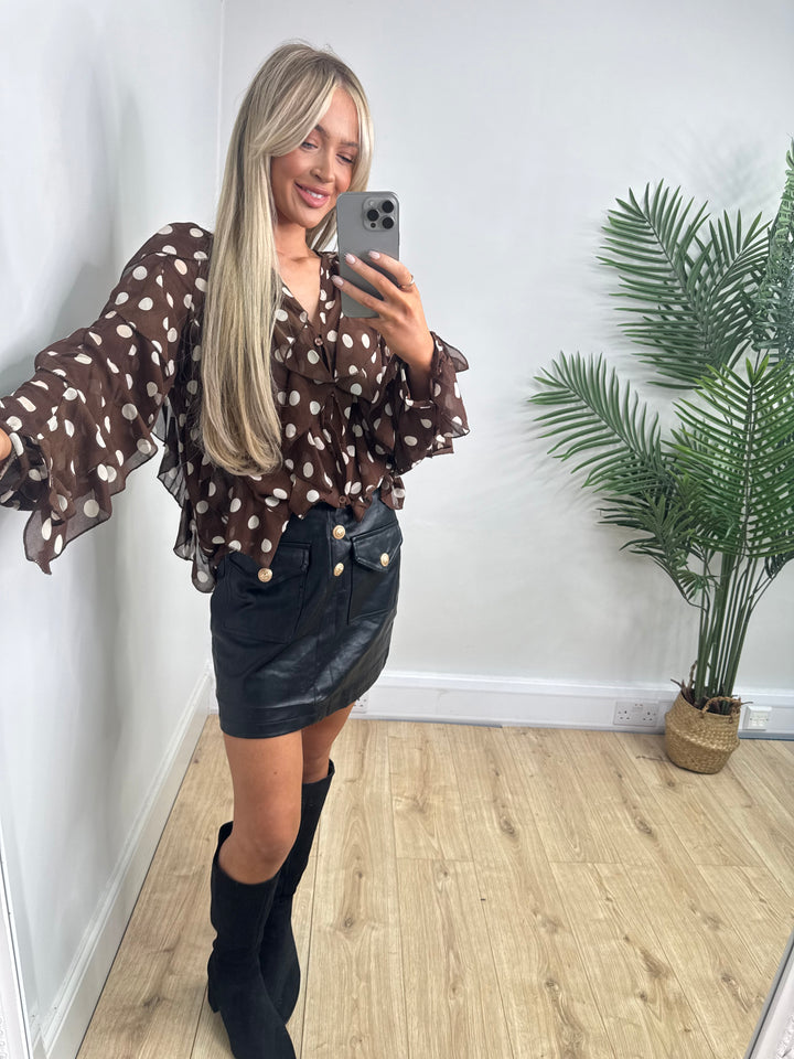 Peony Polka Dot Shirt - Chocolate