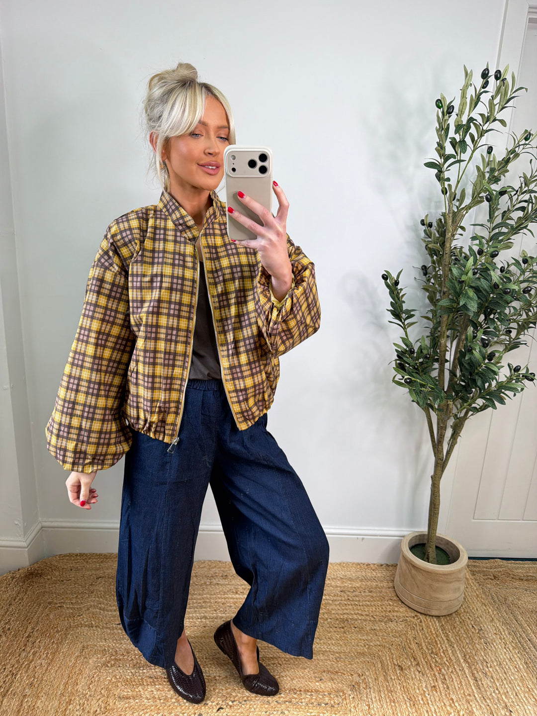 Sasha Checkered Bomber - Mustard & Choc