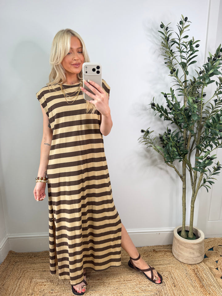 Mina Stripe Tshirt Dress - Caramel & Choc