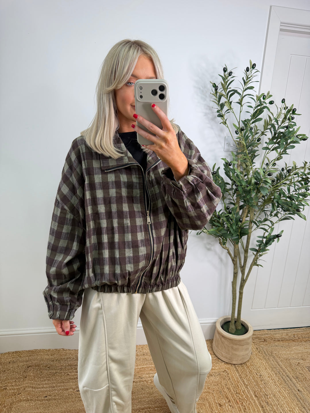 Ruby Cotton Checkered Bomber - Khaki