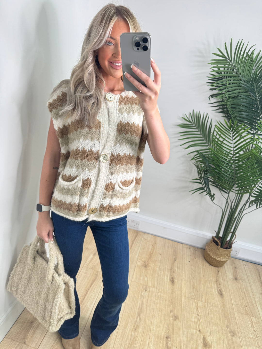 Lena Gold Button Tank - Beige