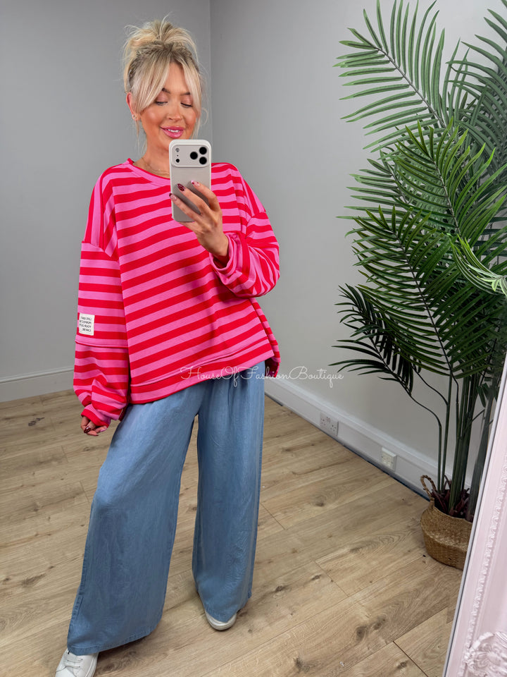 Alexa Slogan Stripey Sweatshirt - Pink & Red PREORDER