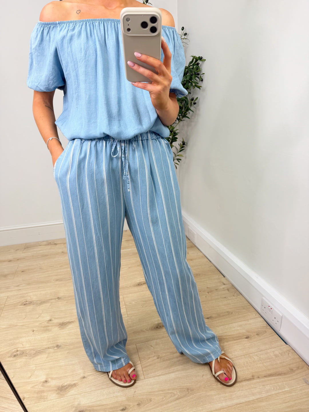 Leonie Pinstripe Chambray Trousers - Light Wash