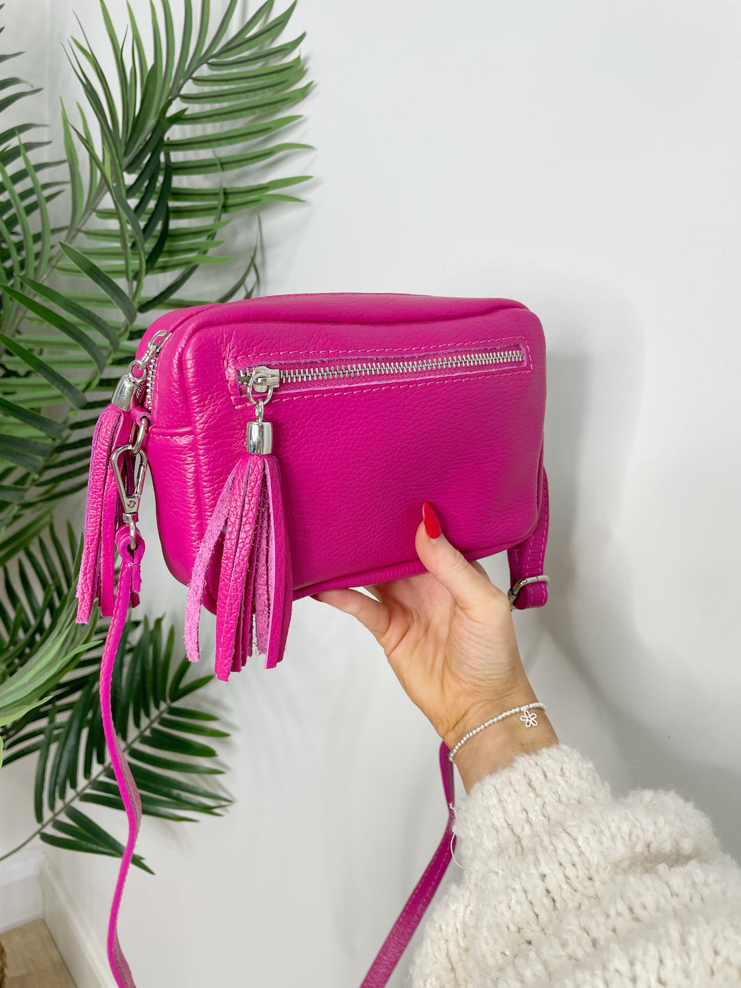 Real Leather Camera Bag - Hot pink