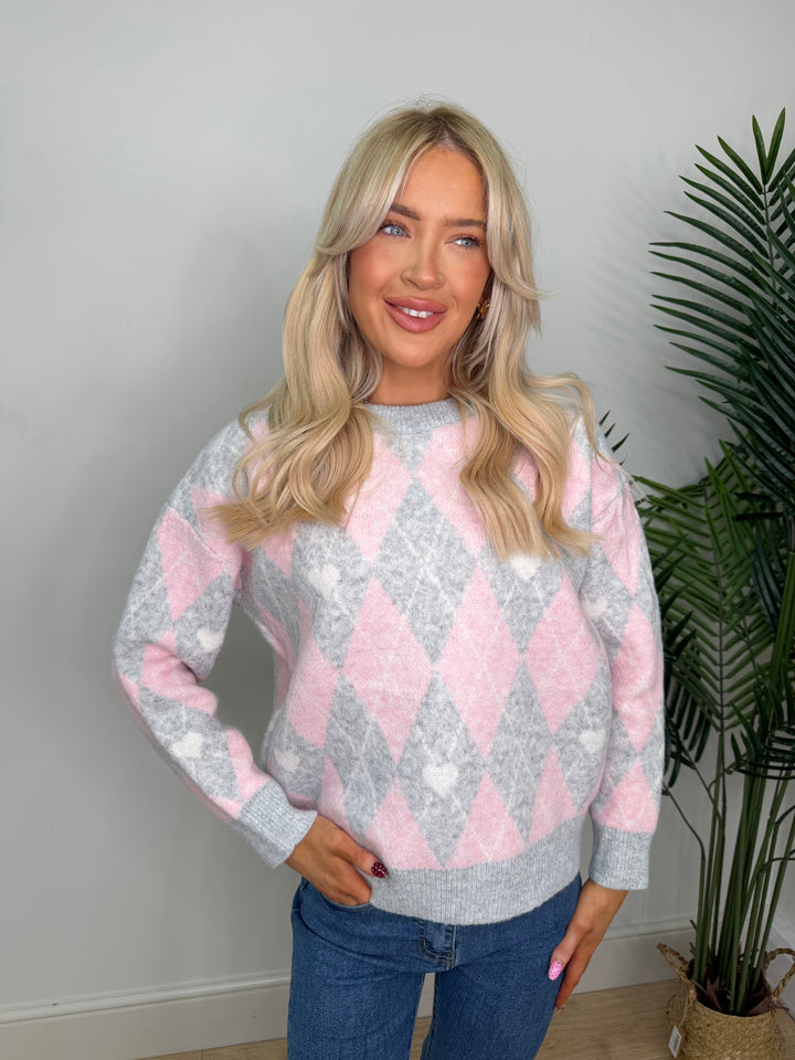 Heart Argyle Knit - Pink & Grey