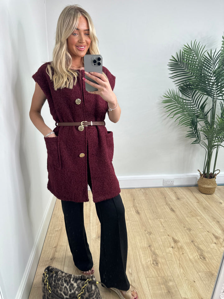 Kellie Belted Waistcoat - Burgundy