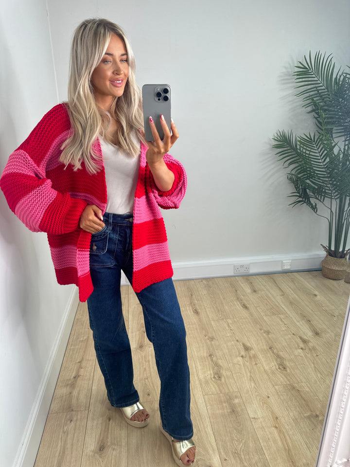 Chunky Stripe Cardigan - Pink & Red