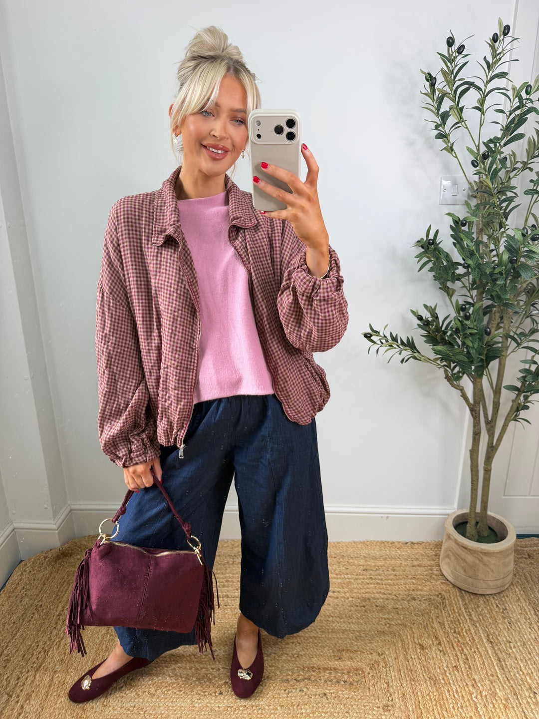 Nicole Check Bomber - Pink & Burgundy