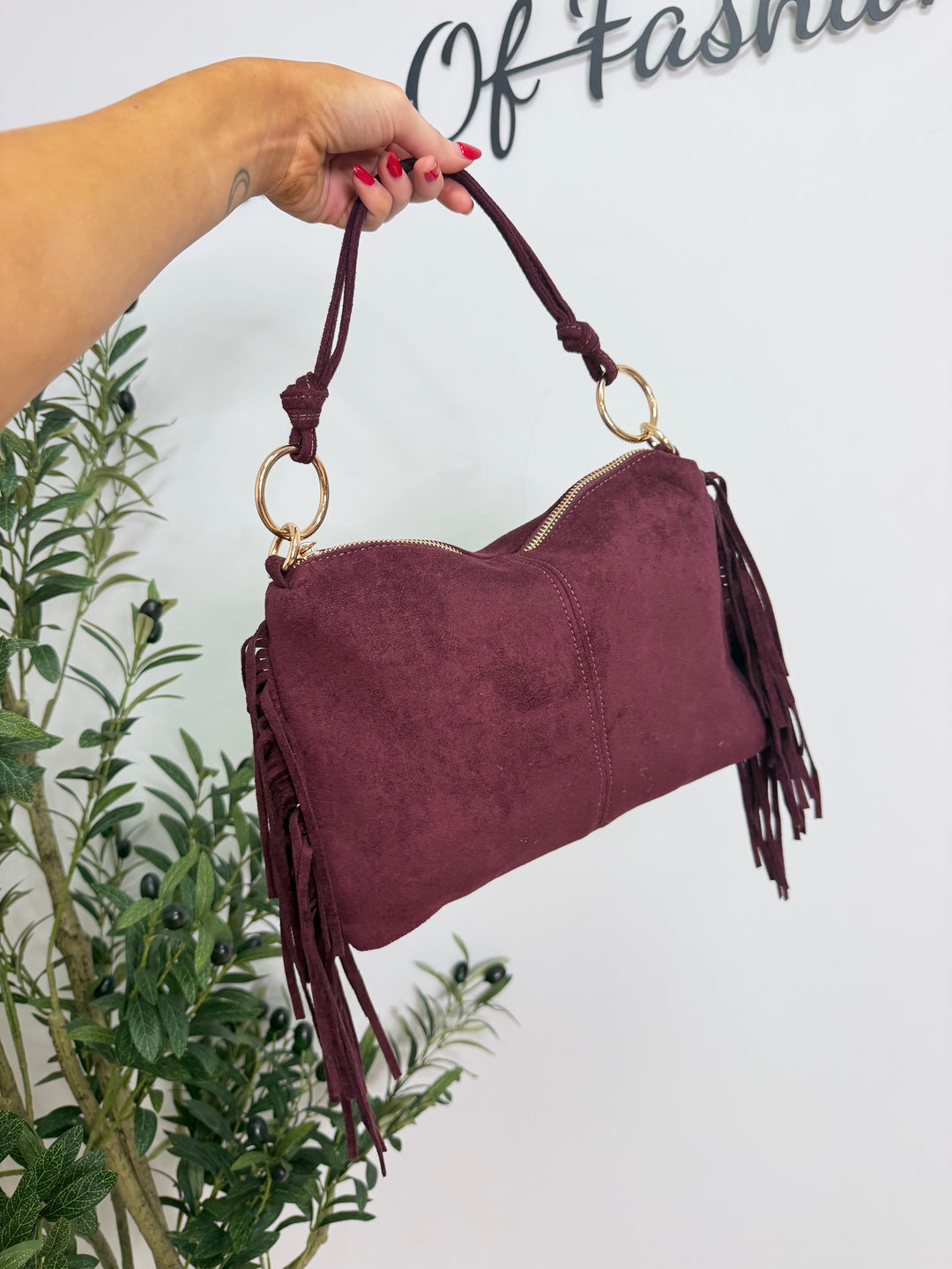 Faux Suede Tassel Bag - Burgundy